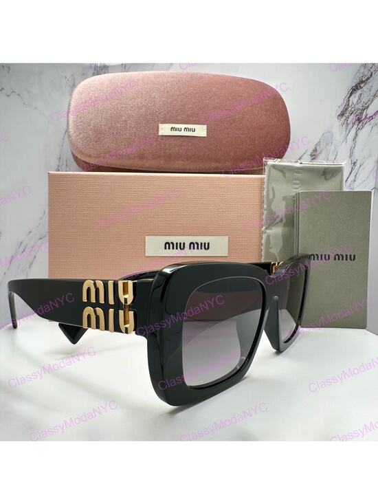 New MIU MIU Sunglasses Black Square Acetate Gold Metal Logo Italy Authentic main image 12